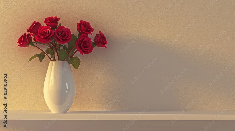 A Bouquet of Red Roses in a White Vase on a Shelf