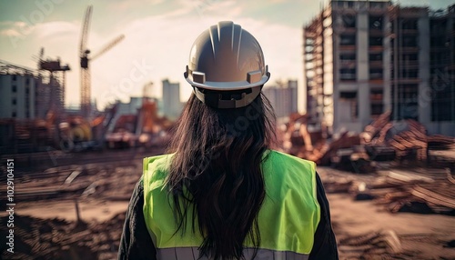 A construction worker, seen from behind, stands on a building site in front of a construction site