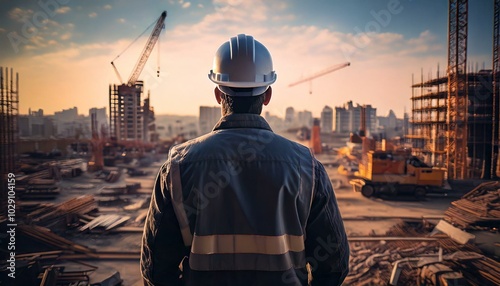 A construction worker, seen from behind, stands on a building site in front of a construction site