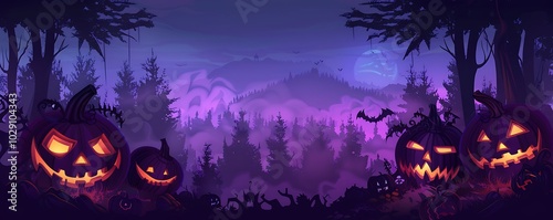 Fantasy illustration, Halloween night, pumpkins, dark trees, fog, purple theme, large top left copy space, detailed vector art. photo