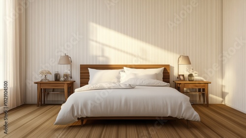 Minimalist bedroom with wooden furniture, white bedding, and soft natural light.