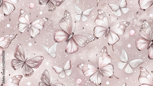 Pink Butterfly and White Ink Drops Seamless Pattern for Background Design