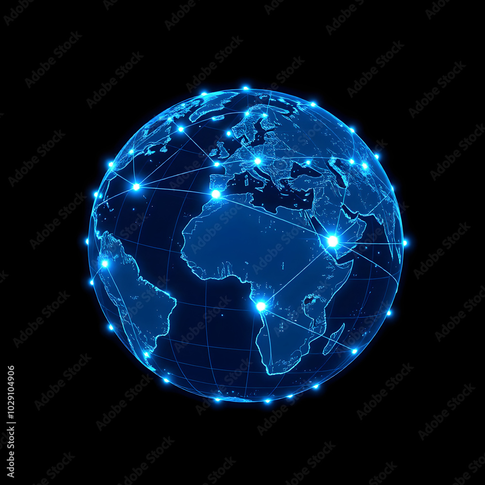 Fotografie Blue glowing global network with digital connections, Generative AI