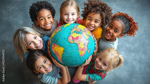 Group of happy diverse children holding a globe together, representing global unity and environmental awareness photo