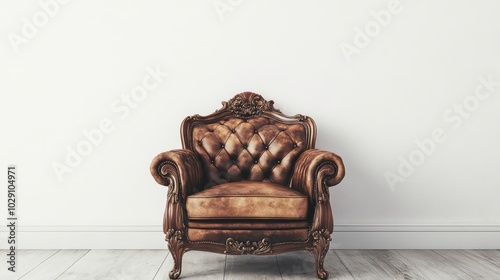 A brown leather armchair with ornate carvings sits in front of a white wall.