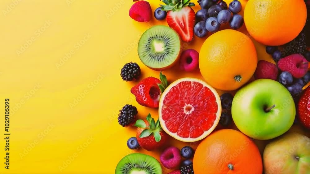 A vibrant arrangement of assorted fruits on a bright yellow background. A vibrant arrangement of assorted fruits on a bright yellow background.