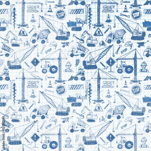 Seamless construction-themed doodles pattern featuring hand-drawn cranes, trucks, signs, and workers in blue on graph paper background