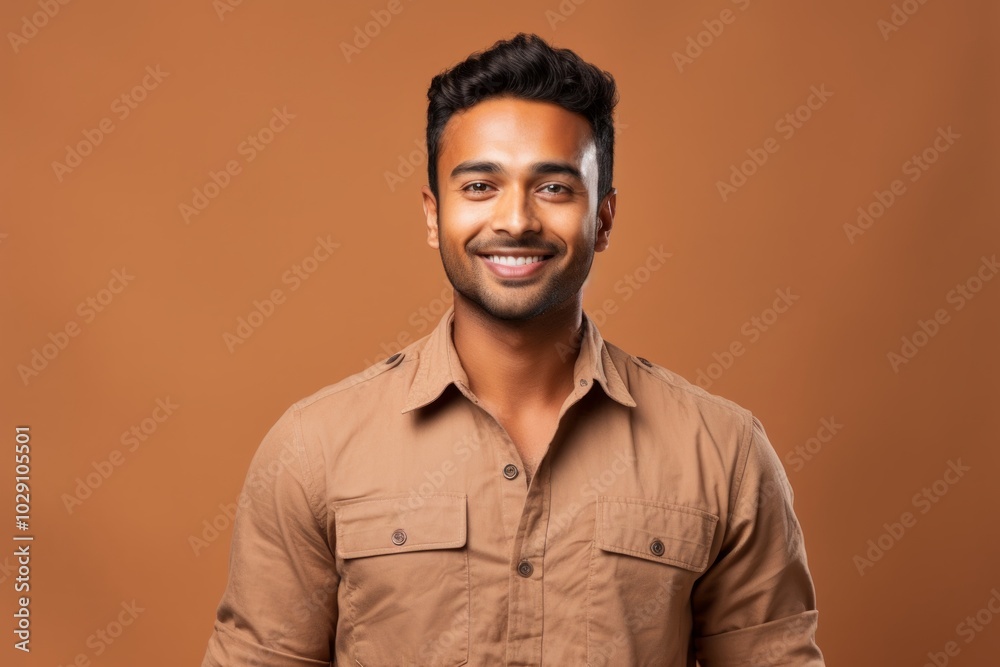 Fototapeta premium Portrait of a blissful indian man in his 20s sporting a breathable hiking shirt in pastel brown background