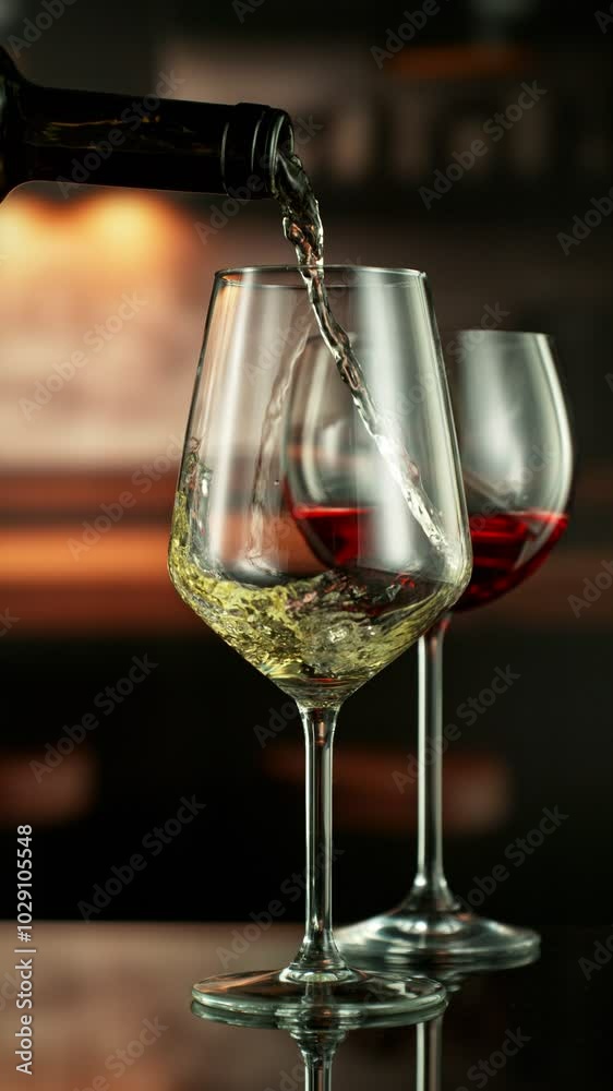 Super Slow Motion of Pouring White Wine into Glass. Filmed on High Speed Cinema Camera, 1000 fps. Blur Industrial Interior on Background. Vertical Aspect Ratio. Super Slow Motion of Pouring White Wine into Glass. Filmed on High Speed Cinema Camera, 1000 fps. Blur Industrial Interior on Background. Vertical Aspect Ratio.