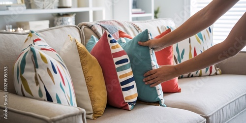 A close-up of hands fluffing bright, multicolored cushions and arranging a cozy holiday throw blanket on a living room sofa. The decor includes Christmas-themed pillows with gold accents. photo