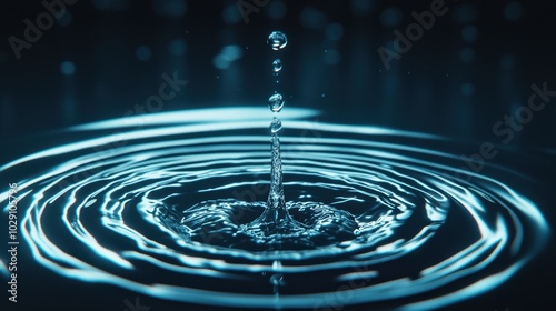 Close-up of water droplet creating ripples on the surface, captured in a serene blue environment.