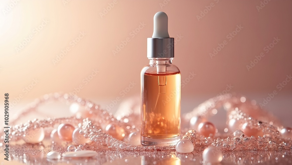 Luxurious facial serum in transparent bottle with rose gold liquid shimmering metallic backdrop Luxurious facial serum in transparent bottle with rose gold liquid shimmering metallic backdrop