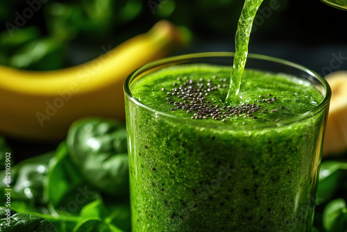 Refreshing green smoothie with spinach and banana, garnished with seeds, perfect for a healthy lifestyle or wellness theme. photo