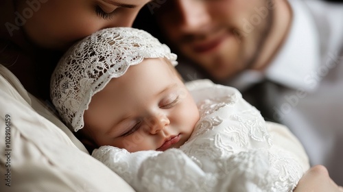 A loving couple tenderly cradling their newborn baby swaddled in lace, capturing a moment of pure joy and tenderness.