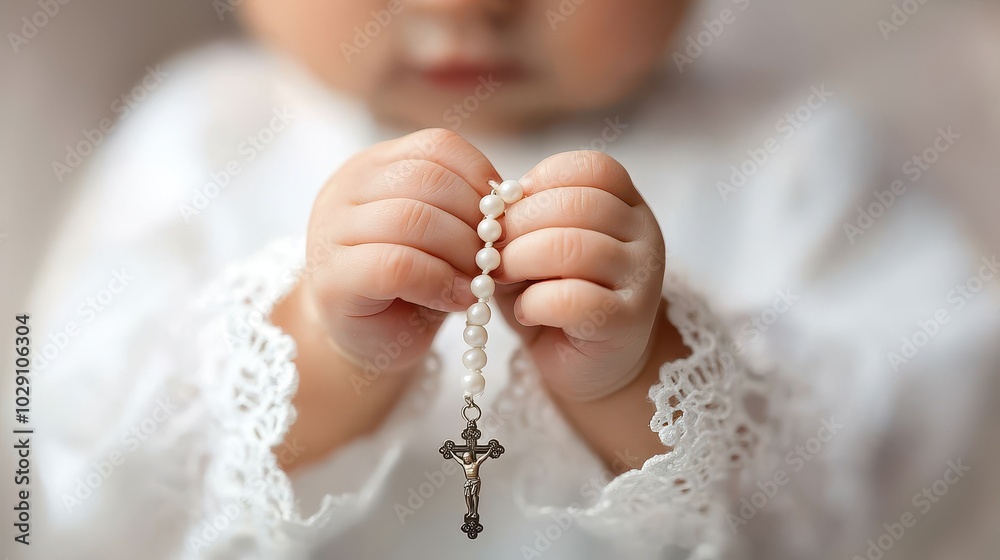 Infant holding rosary beads in delicate white attire, symbolic representation of faith and innocence. Infant holding rosary beads in delicate white attire, symbolic representation of faith and innocence.