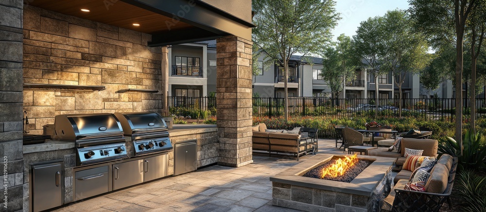 Outdoor kitchen and fire pit with seating area. Outdoor kitchen and fire pit with seating area.
