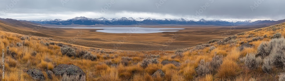 Serene lake and majestic mountains under a cloudy sky, a breathtaking vista Serene lake and majestic mountains under a cloudy sky, a breathtaking vista