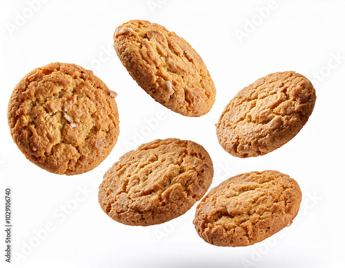 Falling oatmeal cookies isolated on white background_cookies isolated