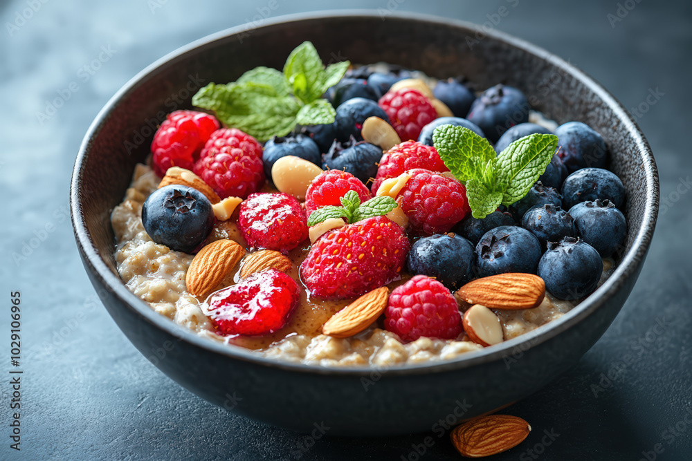 A vibrant bowl of oatmeal topped with fresh raspberries, blueberries, almonds, and mint, perfect for a healthy breakfast. A vibrant bowl of oatmeal topped with fresh raspberries, blueberries, almonds, and mint, perfect for a healthy breakfast.