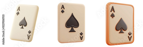 set of three playing cards featuring Ace of Spades in different styles. Each card showcases unique design, highlighting iconic spade symbol. Perfect for card game enthusiasts! photo