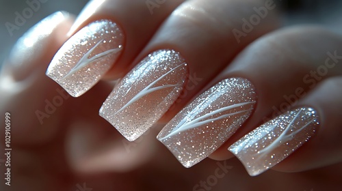 A detailed close-up shot of nails with a unique French manicure design, silver glitter tips with asymmetrical white lines crossing the nail bed, high-gloss finish under soft lighting,