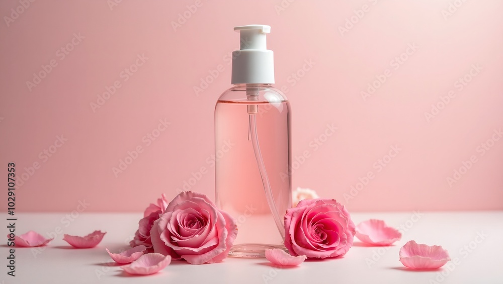 Elegant facial toner bottle with pink liquid and rose petals Elegant facial toner bottle with pink liquid and rose petals