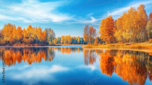 Autumn Trees Reflecting in Calm Lake Water - Nature's Mirror with Golden Hues