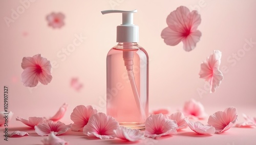 Elegant facial toner bottle with pink liquid and rose petals