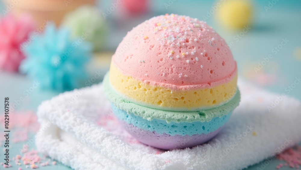 Vibrant pastel rainbow bath bomb on soft white towel Vibrant pastel rainbow bath bomb on soft white towel