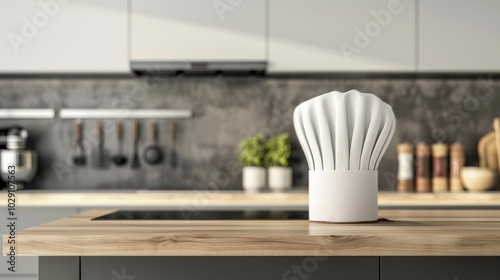 White Chef Hat on a Kitchen Countertop with Blurry Background photo