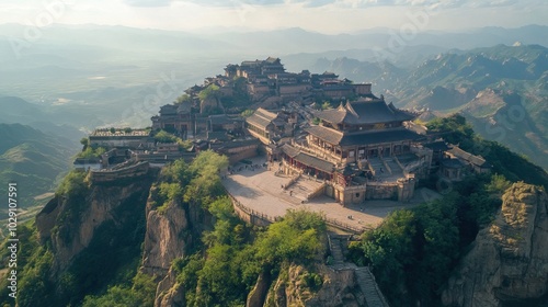 Aerial View of a Chinese Temple Complex on a Mountaintop