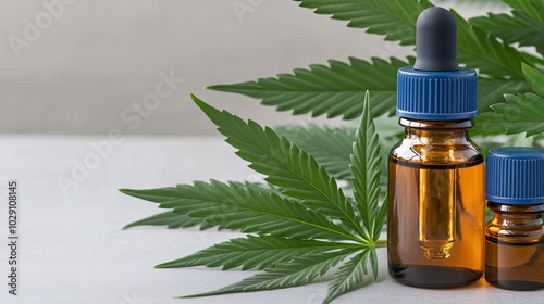 A cannabis oil bottle sits on a stone, illuminated by soft sunset light, amidst vibrant green cannabis plants in a tranquil forest setting