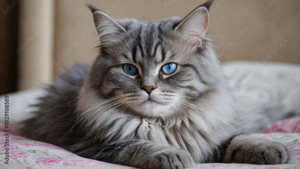 Blue siberian cat lying on bed in the bedroom Blue siberian cat lying on bed in the bedroom