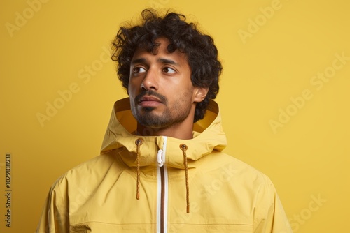 Portrait of a tender indian man in his 30s wearing a functional windbreaker isolated in soft yellow background