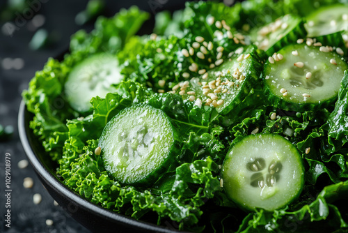 Fresh cucumber slices atop vibrant leafy greens with sprinkled sesame seeds, perfect for healthy salads and nutritious meals.