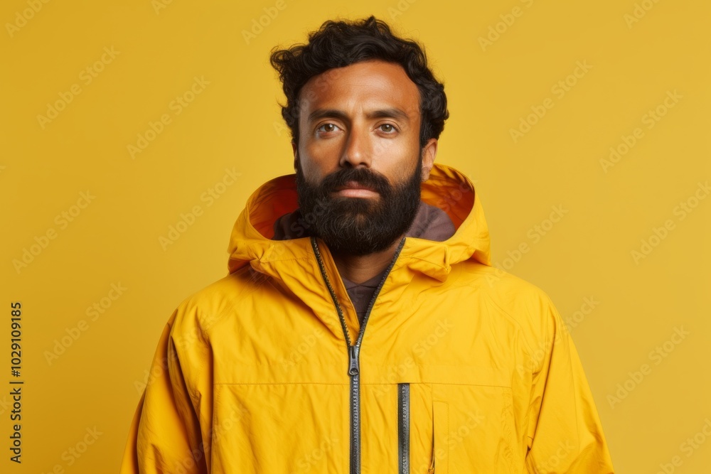 Portrait of a tender indian man in his 30s wearing a functional windbreaker isolated on soft yellow background