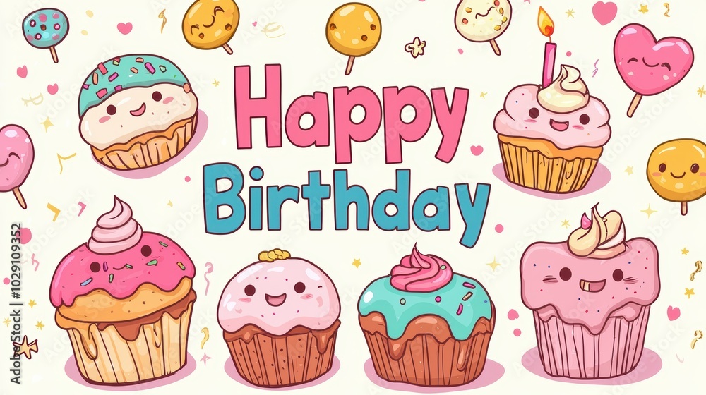 Kawaii Happy Birthday Card Design with Smiling Cupcakes and Sweet Treats Kawaii Happy Birthday Card Design with Smiling Cupcakes and Sweet Treats