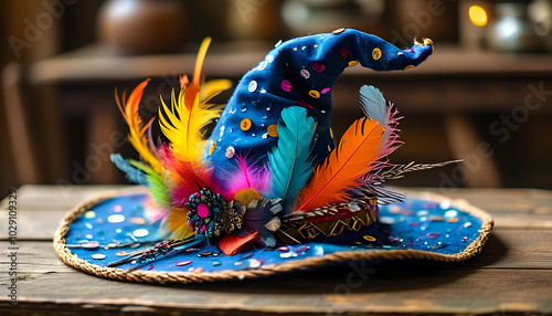 A vibrant blue witch's hat adorned with colorful feathers, sequins, and jewels sits on a rustic wooden table photo