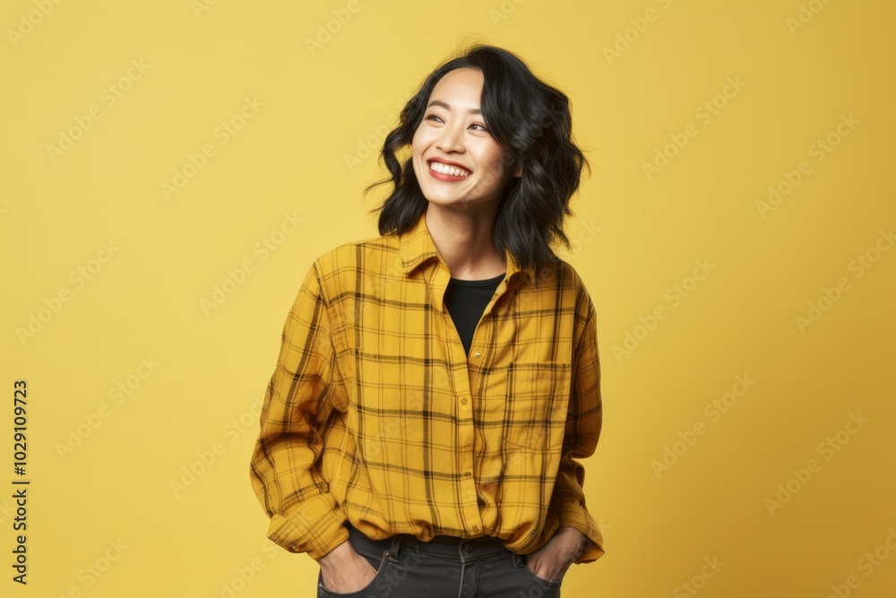 Portrait of a grinning asian woman in her 40s dressed in a relaxed flannel shirt over soft yellow background Portrait of a grinning asian woman in her 40s dressed in a relaxed flannel shirt over soft yellow background