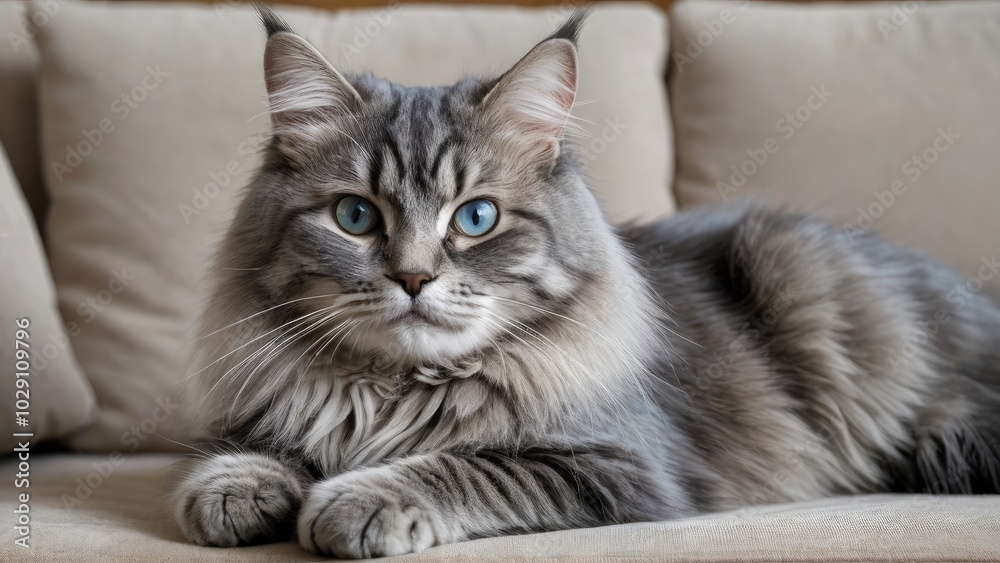 Blue siberian cat lying on sofa at home Blue siberian cat lying on sofa at home
