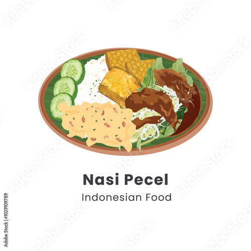 Hand drawn vector illustration of Nasi Pecel Indonesian Traditional Food