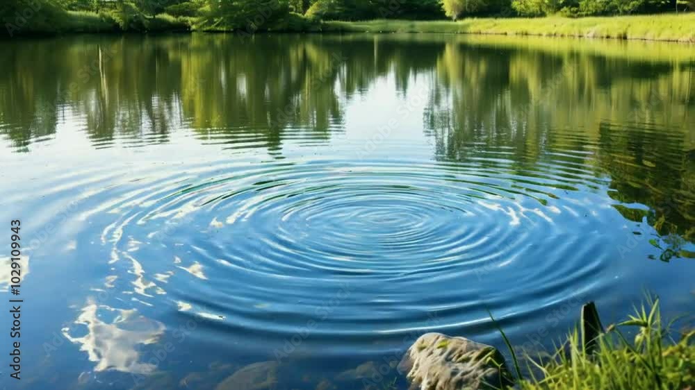 A serene pond with ripples, surrounded by lush greenery and a clear blue sky. A serene pond with ripples, surrounded by lush greenery and a clear blue sky.