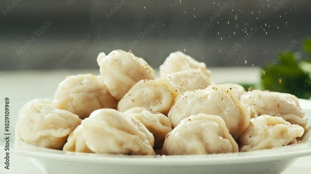 Eating and serving Meat frozen dumplings in restaurant with mayo sour cream sauce, Ukranian, polish, Russian traditional pelmeni cooking process, vareniki ravioli pierogi, north cuisine. 