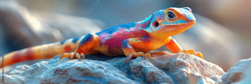 Obraz premium Geometric Lizard on Rock, a low poly design showcasing intricate textures and a vibrant crawl across a rugged surface