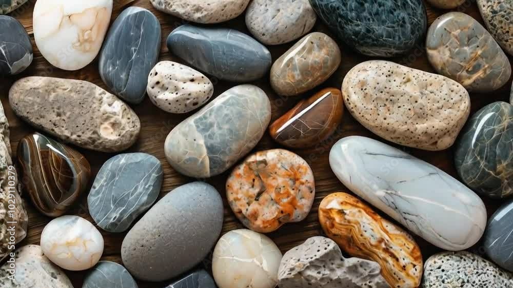 A collection of various smooth stones arranged on a surface. A collection of various smooth stones arranged on a surface.