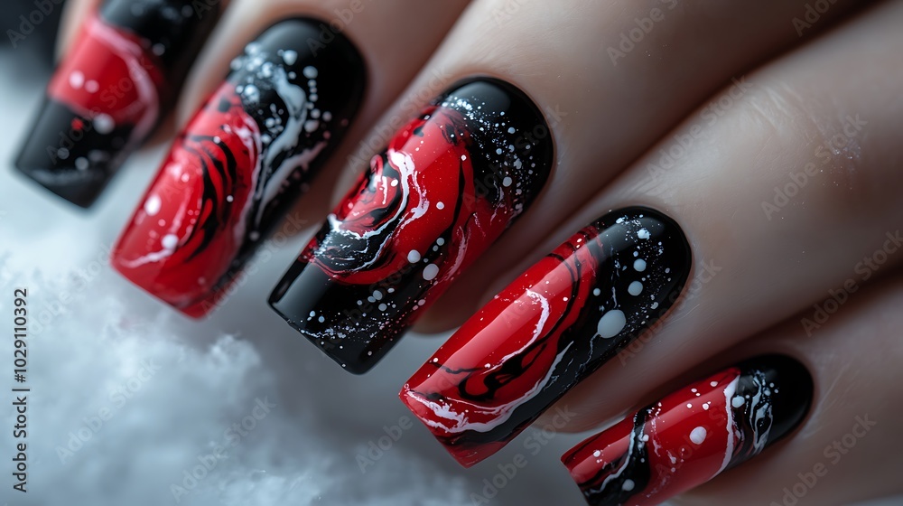 Artistic nail art featuring swirling patterns in deep red and black, combined with bright white splashes, high gloss finish, detailed view showing the interplay of colors under soft studio light, Artistic nail art featuring swirling patterns in deep red and black, combined with bright white splashes, high gloss finish, detailed view showing the interplay of colors under soft studio light,