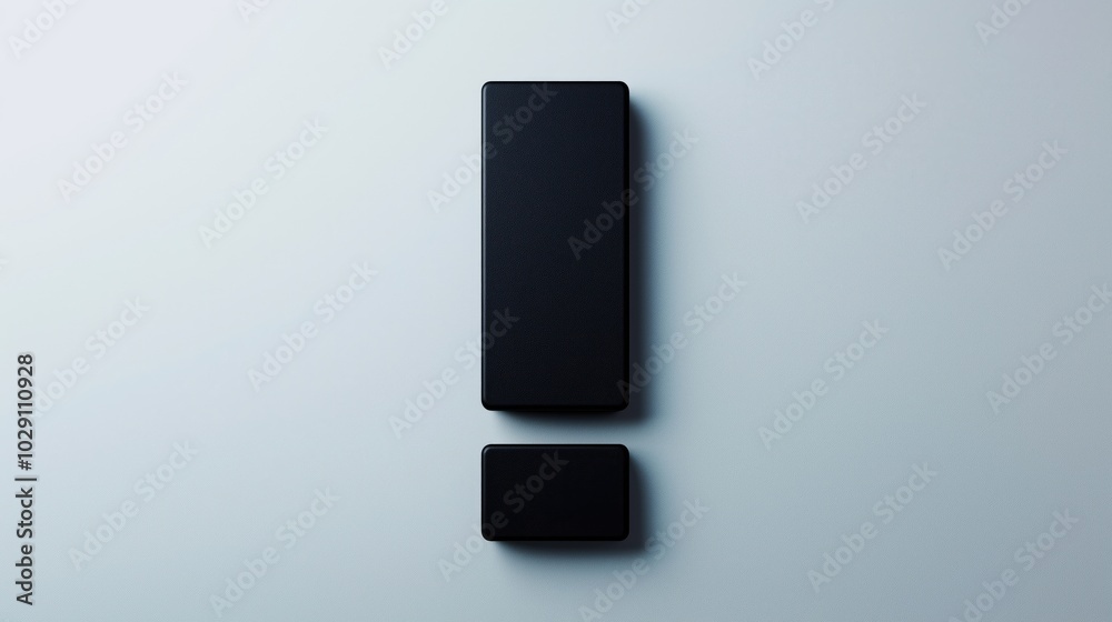 Black exclamation mark on a white background. Rectangular black 3D exclamation point.