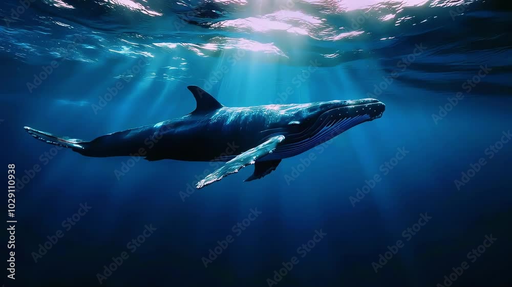 Majestic humpback whale swimming gracefully in deep blue ocean waters. Majestic humpback whale swimming gracefully in deep blue ocean waters.