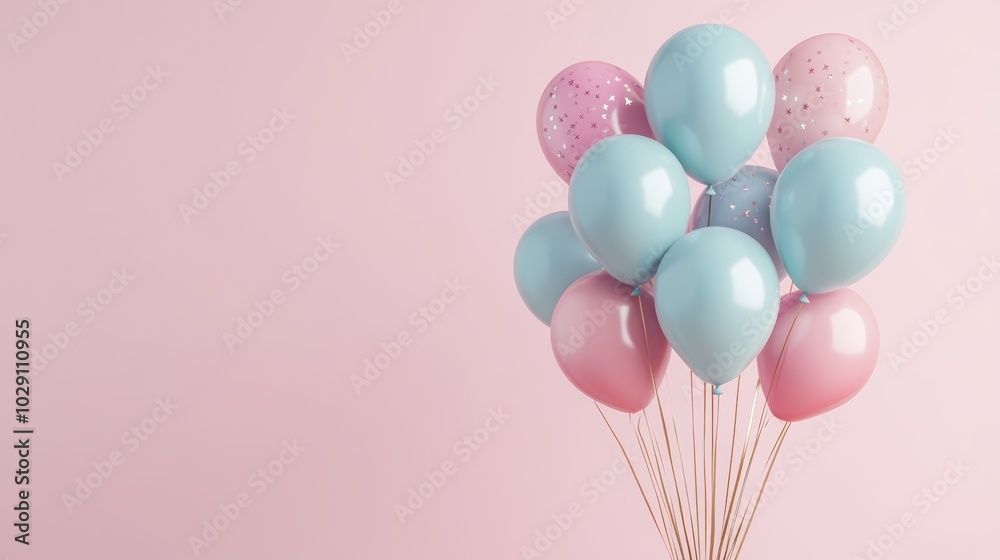 Whimsical pastel blue and pink balloons, celebration of joy and elegance