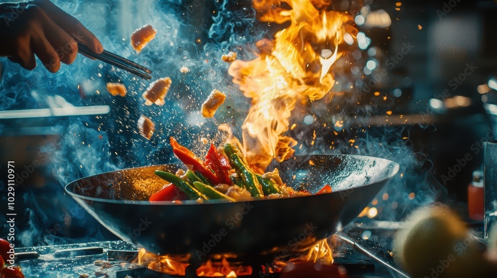 Dynamic Culinary Action Shot of a Chef Stir-Frying with Flames in a Kitchen Setting Dynamic Culinary Action Shot of a Chef Stir-Frying with Flames in a Kitchen Setting